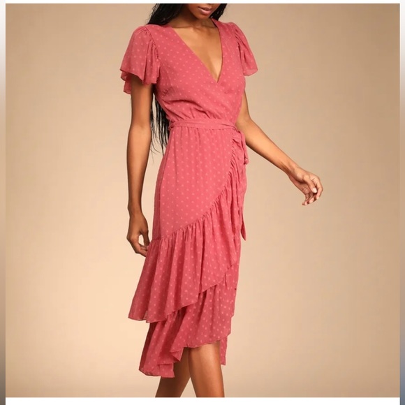 Lulus Mauve Have Harmony Swiss Dot Ruffled Faux Wrap Midi Dress - Picture 4 of 5